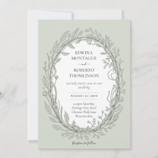 Heritage Sage Green Botanical Wreath Elegant Weddi Kaart