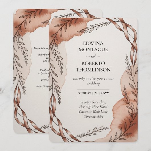 Heritage Terracotta Ribbon Botanical Wedding Kaart (Voorkant / Achterkant)