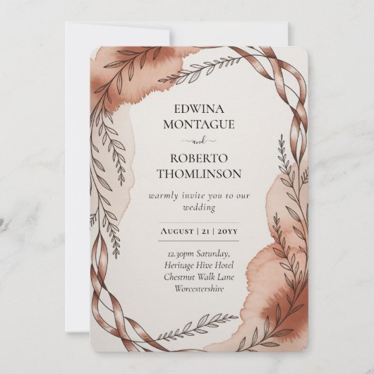 Heritage Terracotta Ribbon Botanical Wedding Kaart (Voorkant)