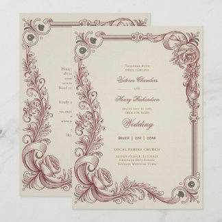 Heritage | Victorian Burgundy Scrollwork Wedding Kaart