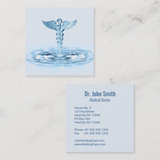 Hermes Rod Caduceus Blauw Water Ripples Medisch Vierkante Visitekaartje (Voorkant / Achterkant)