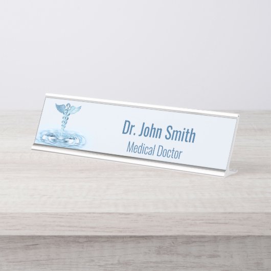 Hermes Rod Caduceus Water Ripples Blauw Medisch Bureau Naambordje (Voorkant)