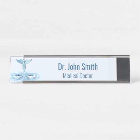 Hermes Rod Caduceus Water Ripples Blauw Medisch Bureau Naambordje (Voorkant)