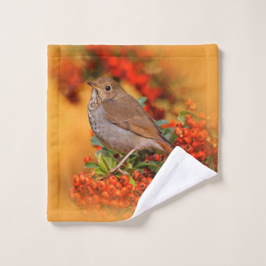 Hermit Thrush Songbird op Scarlet Firethorn Bad Handdoek (Wasdoekje)