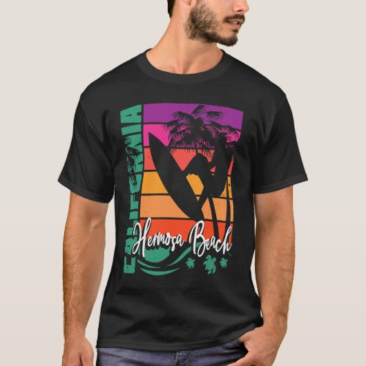 Hermosa Beach California Retro Sunset Beach Surfer T-shirt (Voorkant)