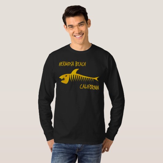 Hermosa Beach California Shark Skelet Amber Prin T-shirt (Voorkant volledig)