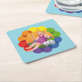 Hermosa chica en columpio con su oso kartonnen onderzetters