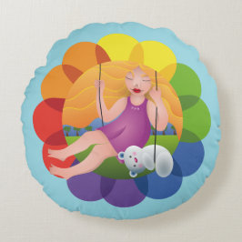 Hermosa chica en columpio con su oso rond kussen