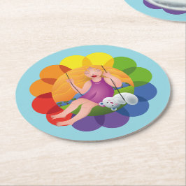 Hermosa chica en columpio con su oso ronde kartonnen onderzetter