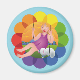 Hermosa chica en columpio y su oso magneet