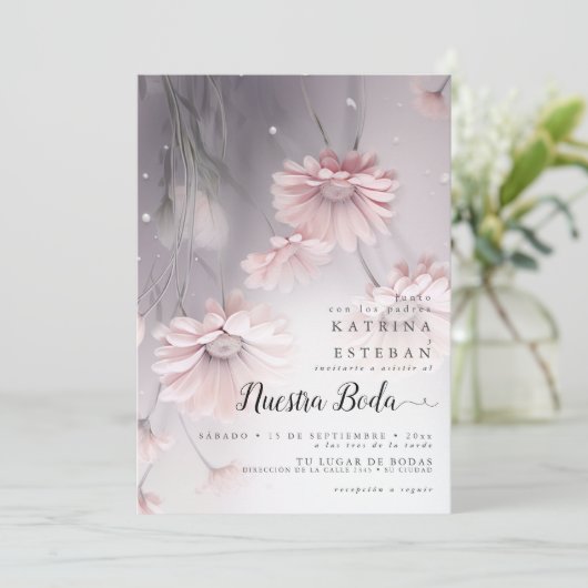 Hermosa invitación de boda floral con margaritas d kaart (Staand voorkant)