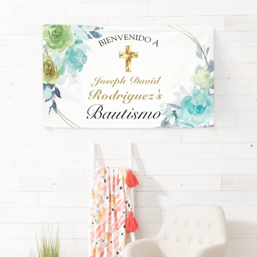 Hermoso Azul Floral Oro Cruz Bautismo Bienvenido Spandoek (Insitu)