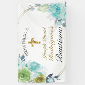 Hermoso Azul Floral Oro Cruz Bautismo Bienvenido Spandoek (Verticaal)