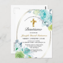 HERMOSO BAUTIZO BEBÉ CRUZADO DE ORO FLORAL AZUL IN