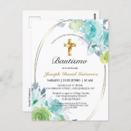 HERMOSO BAUTIZO BEBÉ CRUZADO DE ORO FLORAL AZUL IN BRIEFKAART