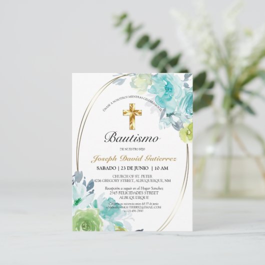 HERMOSO BAUTIZO BEBÉ CRUZADO DE ORO FLORAL AZUL IN BRIEFKAART (Staand voorkant)