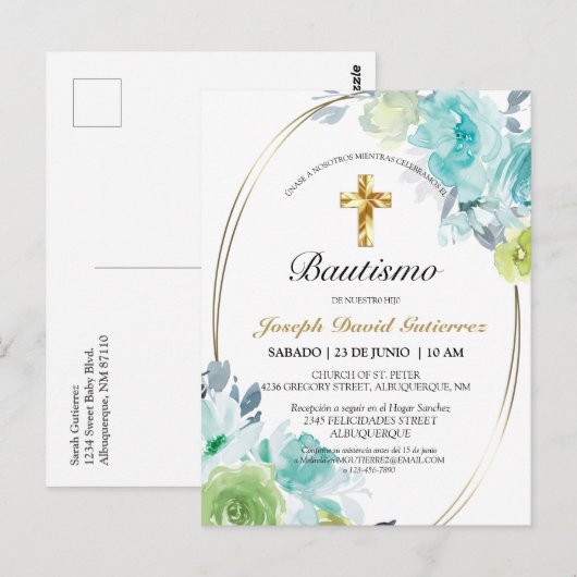 HERMOSO BAUTIZO BEBÉ CRUZADO DE ORO FLORAL AZUL IN BRIEFKAART (Voorkant / Achterkant)