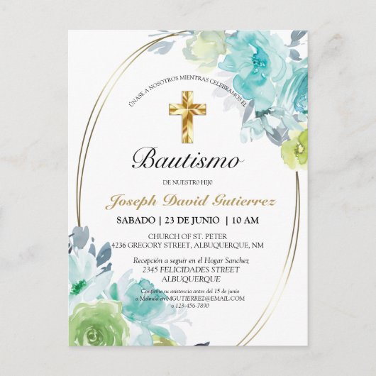 HERMOSO BAUTIZO BEBÉ CRUZADO DE ORO FLORAL AZUL IN BRIEFKAART (Voorkant)