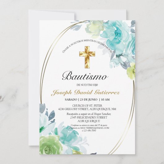 HERMOSO BAUTIZO BEBÉ CRUZADO DE ORO FLORAL AZUL KAART (Voorkant)
