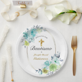 HERMOSO BAUTIZO BEBÉ CRUZADO DE ORO FLORAL AZUL   PAPIEREN BORDJE