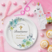 HERMOSO BAUTIZO BEBÉ CRUZADO DE ORO FLORAL AZUL   PAPIEREN BORDJE (Feest)