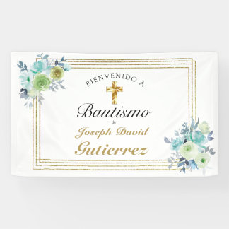 HERMOSO BAUTIZO BEBÉ CRUZADO DE ORO FLORAL AZUL SPANDOEK