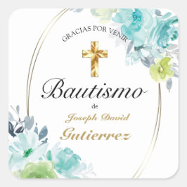 HERMOSO BAUTIZO BEBÉ CRUZADO DE ORO FLORAL AZUL VIERKANTE STICKER