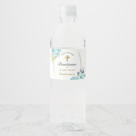 HERMOSO BAUTIZO BEBÉ CRUZADO DE ORO FLORAL AZUL WATERFLES ETIKET (Voorkant)