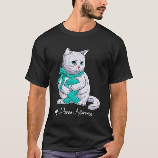Hernia Awareness Maand Blauwgroen Lint Cat T-shirt (Voorkant)