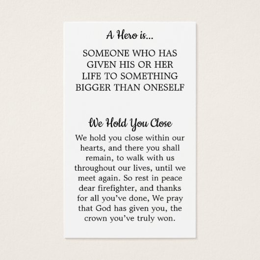 Hero Firefighter Memorial Prayer Kaart (Achterkant)