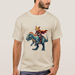 Heroic Cat Riding T-Rex Dinosaur Graphic T-shirt