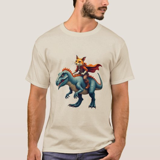 Heroic Cat Riding T-Rex Dinosaur Graphic T-shirt (Voorkant)