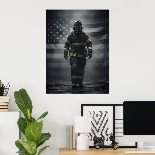 Heroic Firefighter Walking Through Smoke poster (Thuiskantoor)