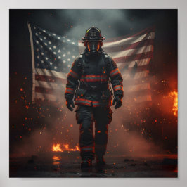 Heroic Firefighter with American Flag Patriotic  Poster