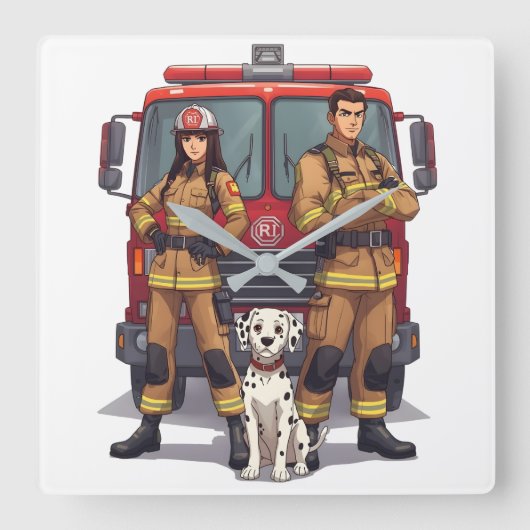 Heroic Firefighters & Dalmatian Wall Clock Vierkante Klok (Voorkant)