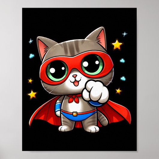 Heroic Super Cat With Cape Gift Men Kids Women Fun Poster (Voorkant)