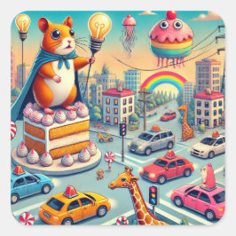 Heroïsche hamster op taart in Fantasy City Vierkante Sticker