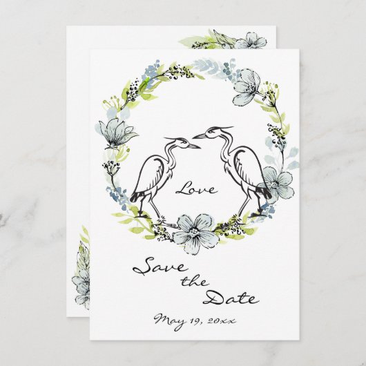 Heron Bird Couple en Flower Wreate Save the Date Kaart (Voorkant / Achterkant)