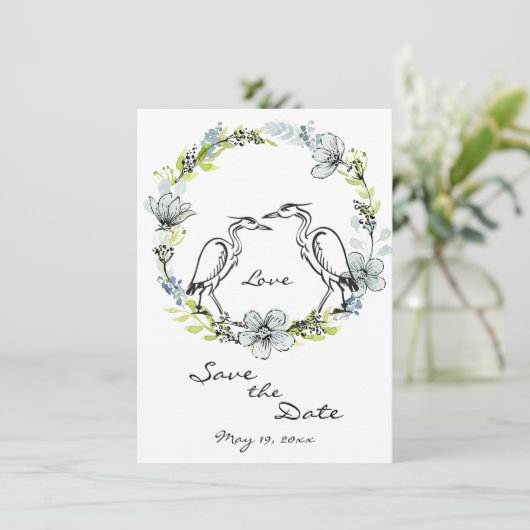 Heron Bird Couple en Flower Wreate Save the Date Kaart (Staand voorkant)