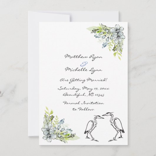 Heron Bird Couple en Flower Wreate Save the Date Kaart (Achterkant)
