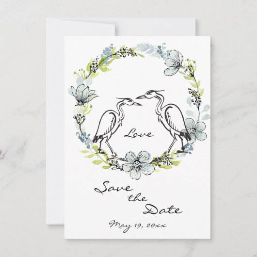 Heron Bird Couple en Flower Wreate Save the Date Kaart (Voorkant)