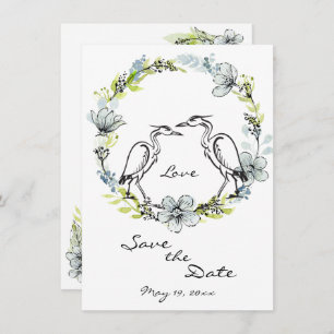 Heron Bird Couple en Flower Wreate Save the Date Kaart