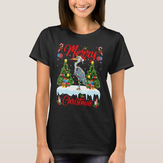 Heron Bird Lights Xmas Tree Santa Heron Christmas T-shirt (Voorkant)
