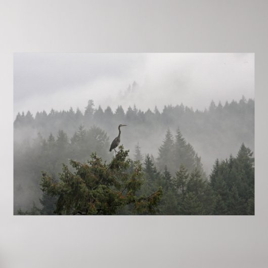 Heron in een Misty Mountain Landscape Poster (Voorkant)