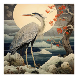 Heron in nacht Ukiyo-e Japanse kunst Foto Afdruk
