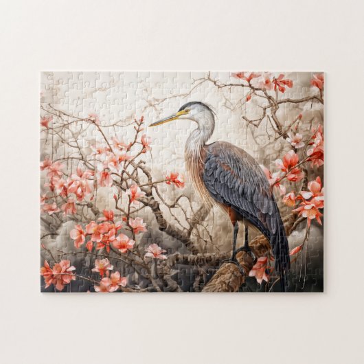 Heron in red foliage pond illustration legpuzzel (Horizontaal)