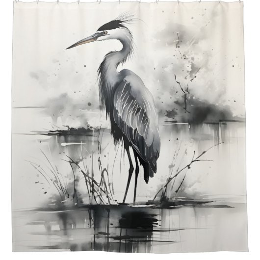 Heron inkt schilderij douchegordijn (Voorkant)