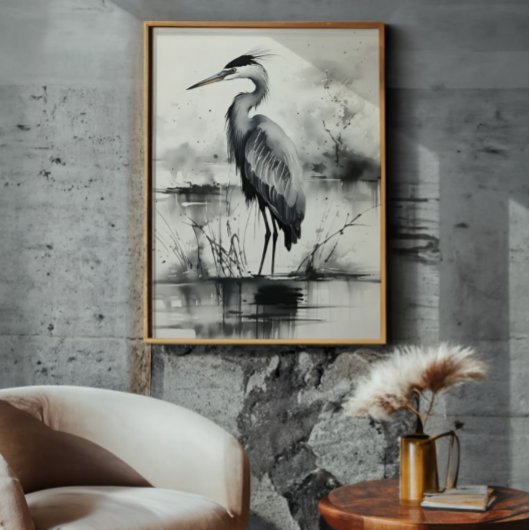 Heron inkt schilderij foto afdruk