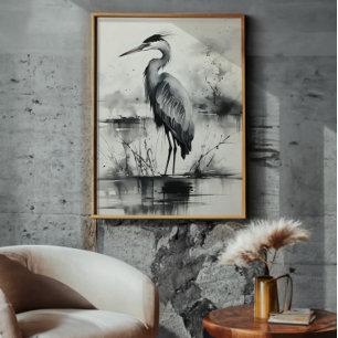 Heron inkt schilderij foto afdruk