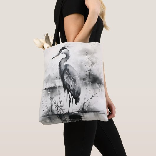 Heron inkt schilderij tote bag (Dichtbij)